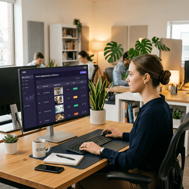 Marketing professional reviewing job submissions on the FieldPic dashboard